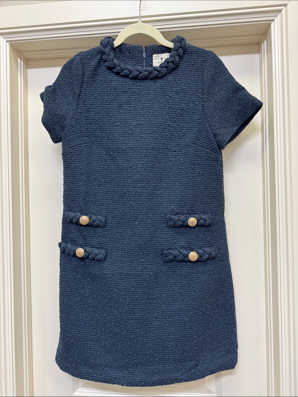 Tuckernuck Navy Textured Short-Sleeve Tweed Dress with Braided Trim